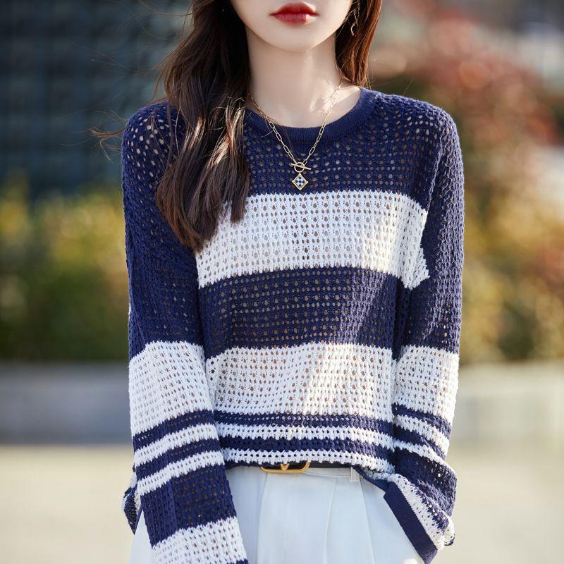 

Spring and Summer Women s Long Sleeve Hollow Knitted Sweater Round Neck Loose Air-conditioned Shirt Thin Pullover Cover Shirt L
