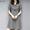 ZANZEA Women Bows Collar Summer Casual Short Sleeve Grid Print Dress