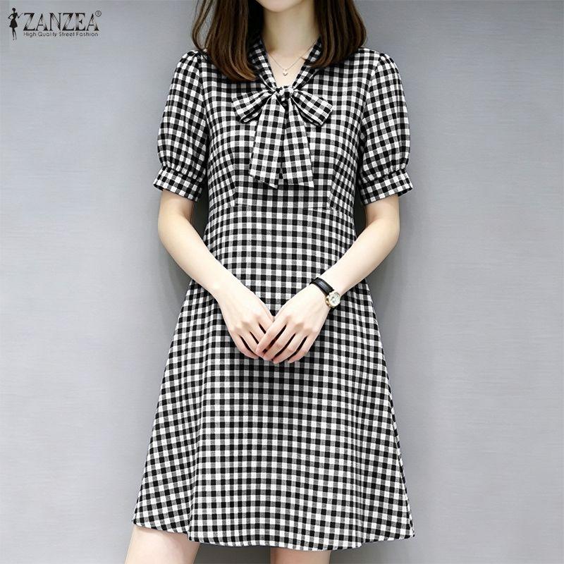 ZANZEA Women Bows Collar Summer Casual Short Sleeve Grid Print Dress