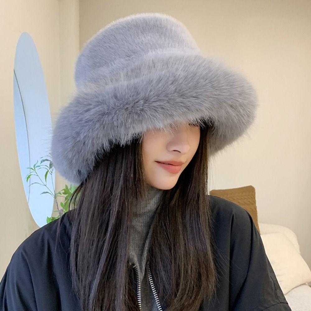 Solid Color Faux Fur Bucket Hat Imitation Fur Winter Fluffy Hat Fluffy Fur Fisherman Hat Winter