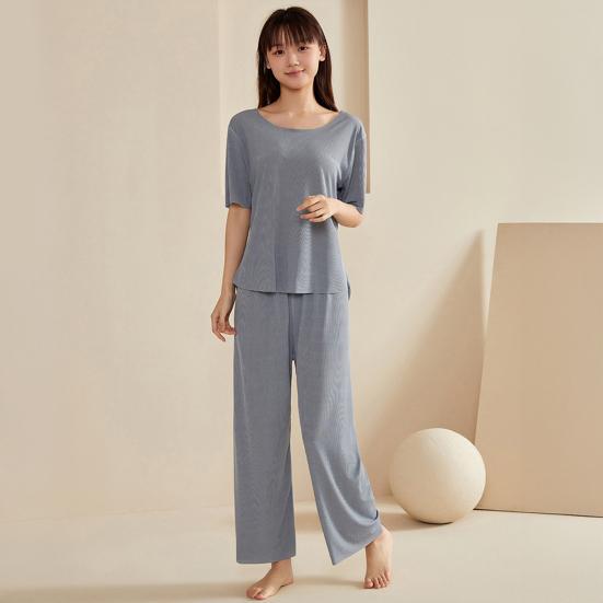 Women's Ice Silk Pajamas Set Short Sleeved Top Wide Leg Pants Sleepwear Set Summer Ultra Thin Two Piece Lounge Nightwear