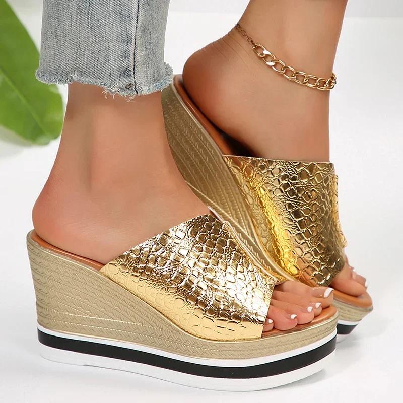Fashion Women Shoes Silver Chunky Platform Sandals 2025 Summer Wedges Slippers Plus Size 36-43 Woman Outdoor High Heels Sandles Female