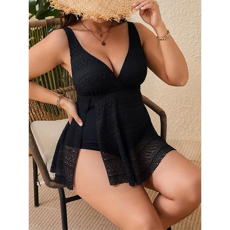Women S Plus Size Tankini One Piece Swimsuit Solid Color Mesh Splice