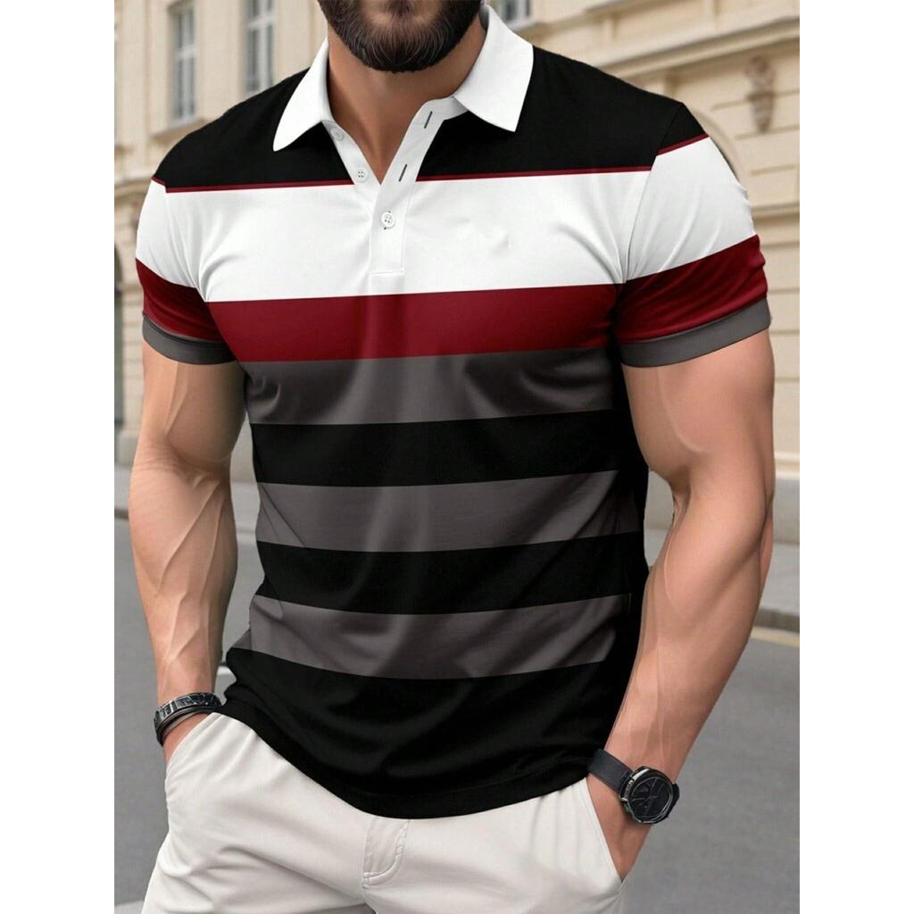 Stylish Striped Short-sleeved Polo Shirt, Versatile and Comfortable for Daily Wear.