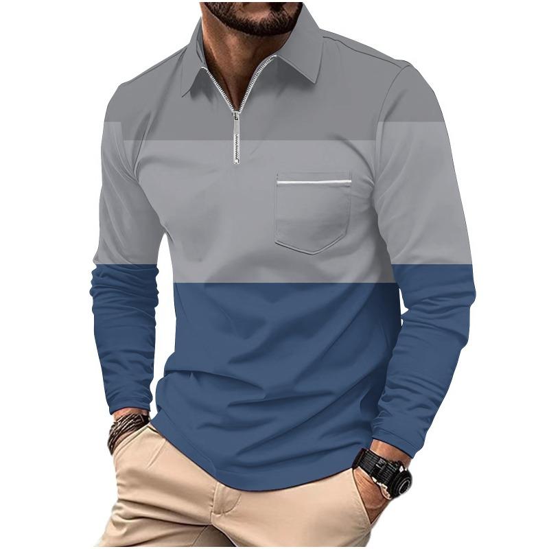 Men's Printed Polo Shirt with Zipper Pocket Sports Long Sleeved Polo Shirt