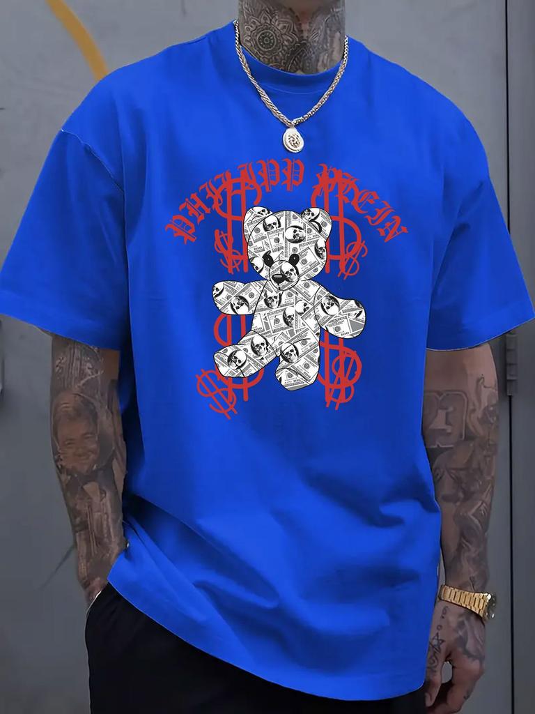 Trendy Bear Graphic Printed Short Sleeved Luxury Cotton T-shirt for Summer Unisex Men and Women, Casual Loose Fashion Trendy