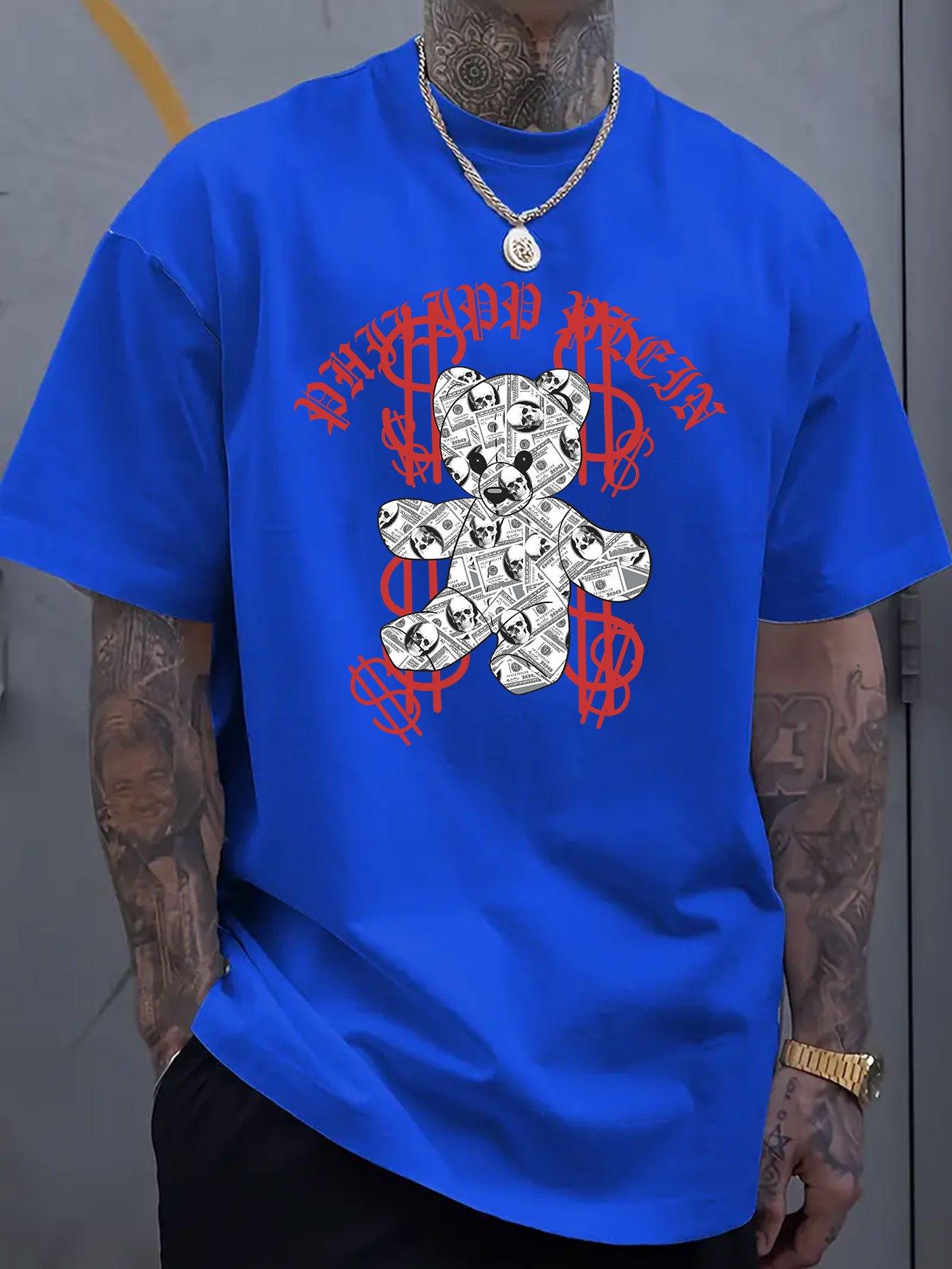 

Модная футболка из роскошного хлопка с принтом в виде медведя с коротким рукавом для лета, унисекс для мужчин и женщин, повседневная свободная модная 4XL