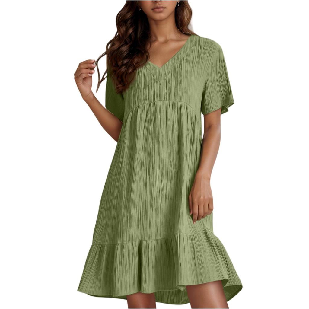 Ladies' Casual And Fashionable Solid Color Dress, Loose Short Sleeved Waist Cinched Dress