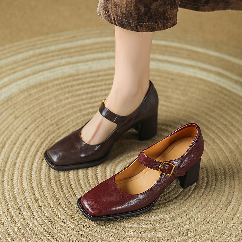 Krazing Pot Sheepskin Fashion Summer Spring Autumn Thick High Heels Metal Buckle Women  European Design Square Toe Pumps
