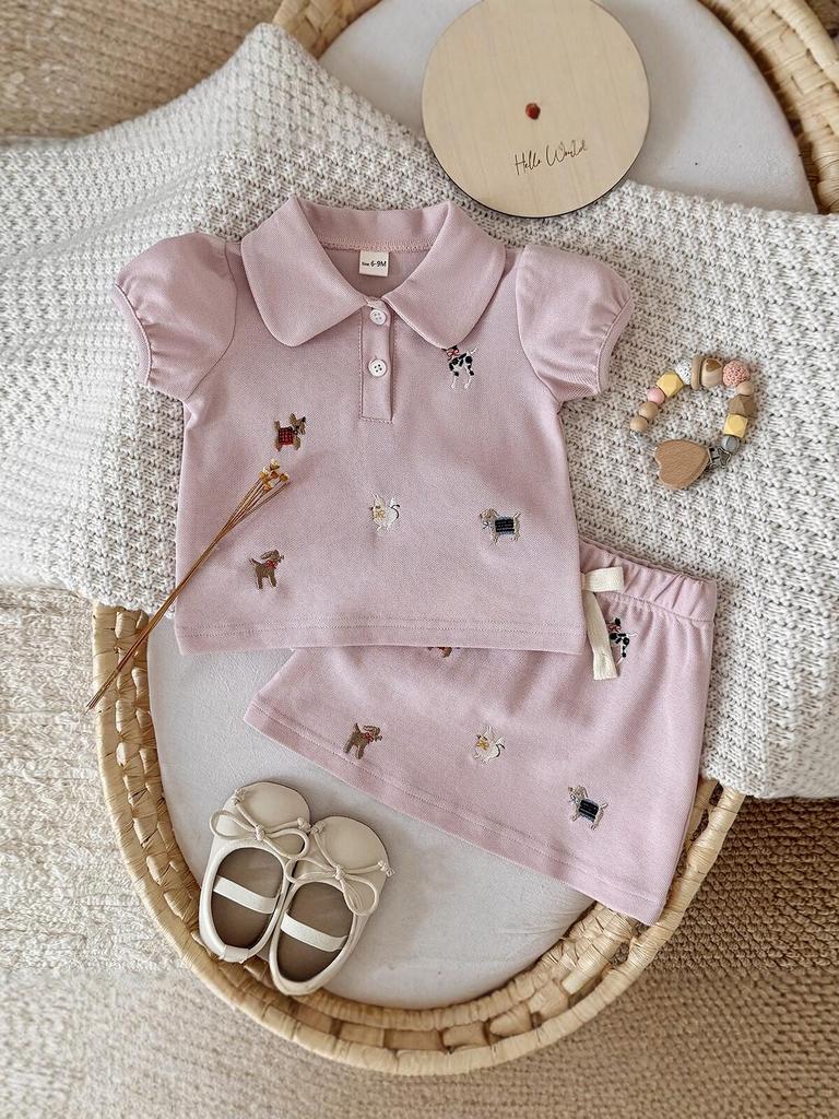 Girls' Pink Embroidered Polo Shirt & Skirt Set – Cute Cartoon Korean-Style Summer Outfit