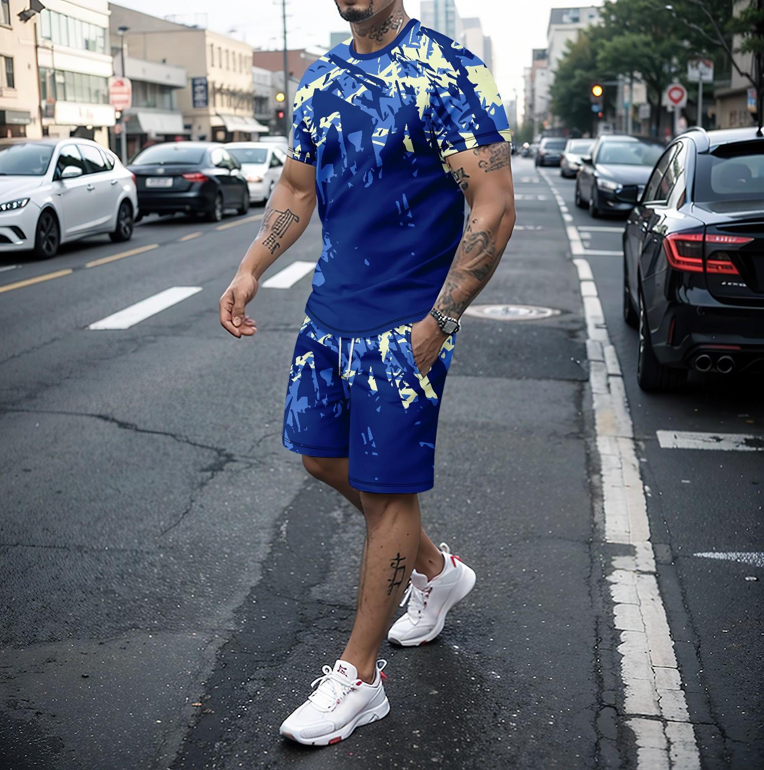 

Летний мужской комплект с круглым вырезом и короткими рукавами + шорты, модный повседневный свободный комплект с 3D-футболкой, спортивный комплект высокого качества 3XL