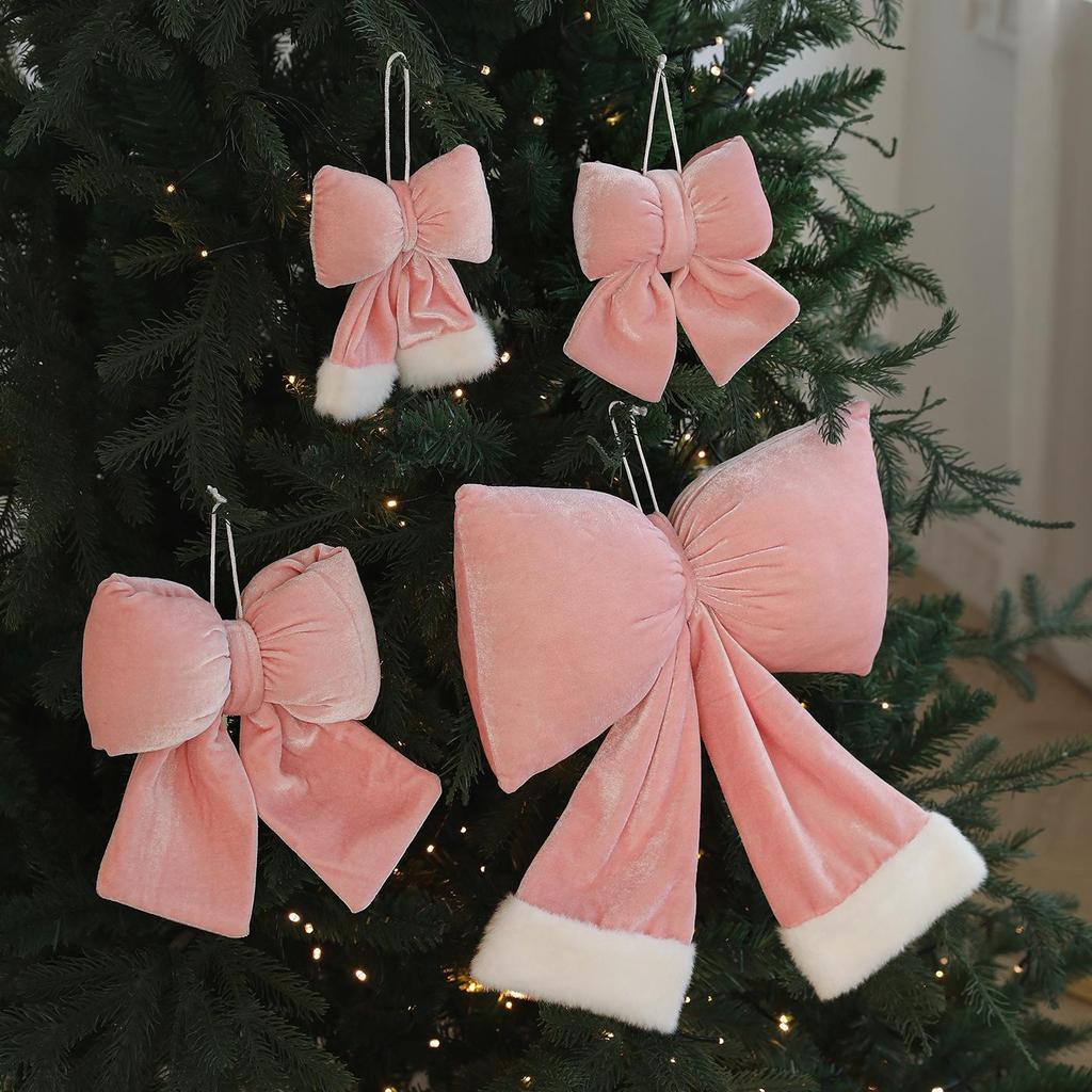 Pink Velvet Christmas Bow Ornament for Tree and Wedding Decoration