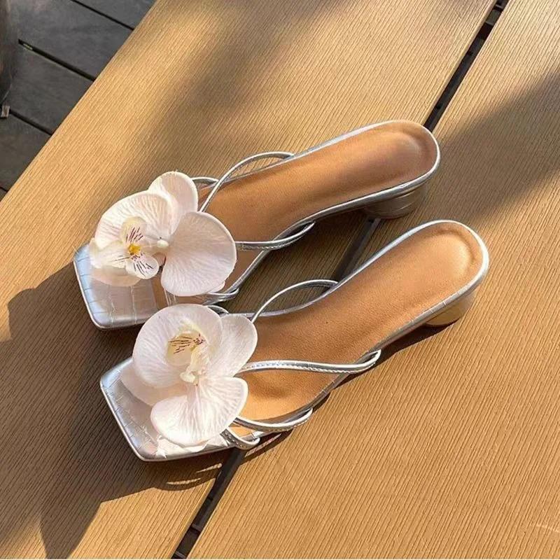Fashion Shoes Female 2025 Brand Open Toe Women's Slippers Fashion Floral Dress Summer New Narrow Band Square Toe High Heelszapatos Mujer