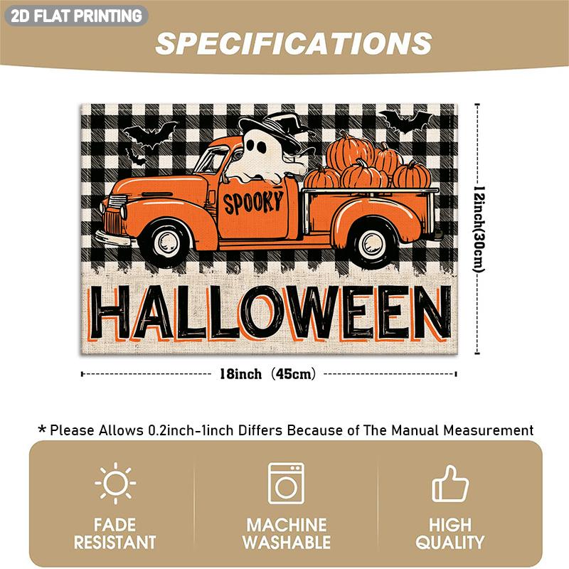 4pcs/6pcspc (4/6pcs) Placemats Suitable for Halloween Themed Table Decor with Orange Truck,, Bat & Pumpkin Patterns on Black Checkered Background - Ha