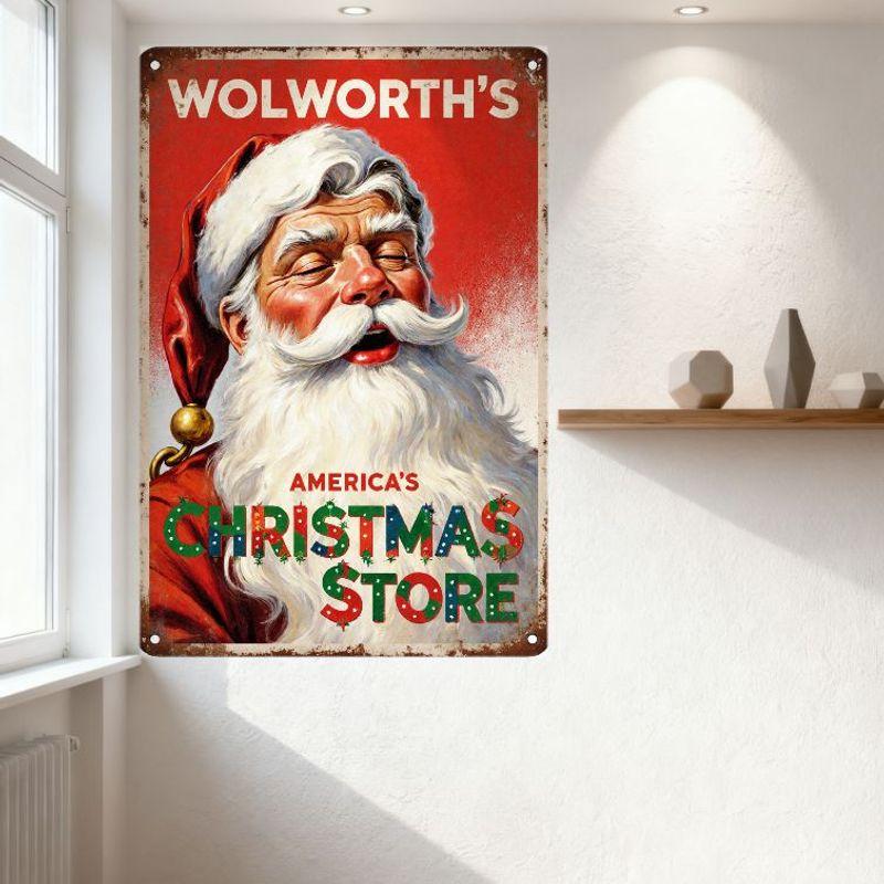 Vintage Wolworth’s America’s Christmas Store Metal Tin Sign, Rusty Rusted Retro Advertising Plaque with Santa Claus for Home Caf