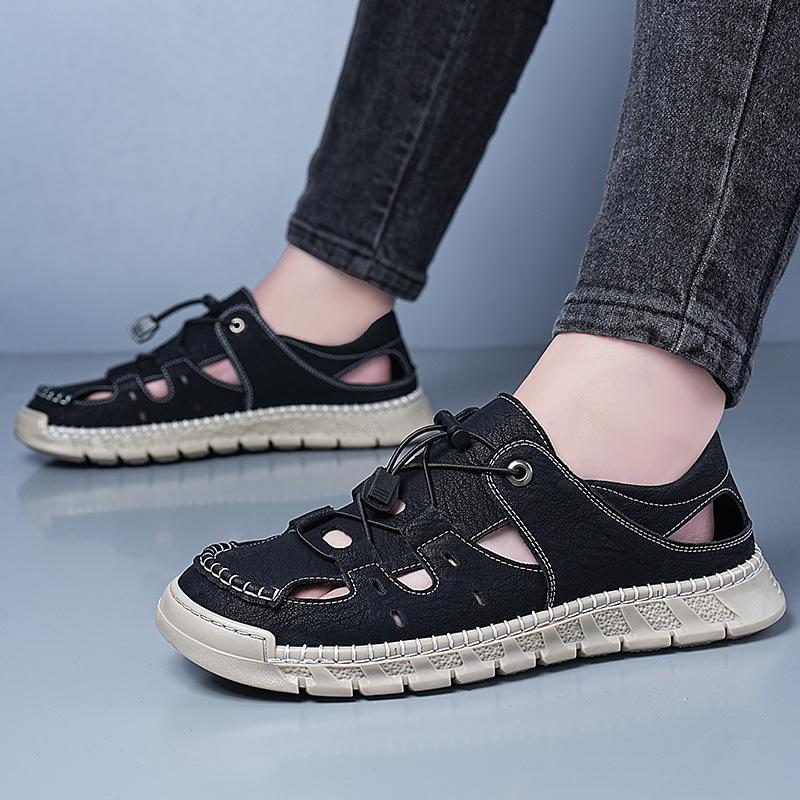 Hard summer leather men's sandals hand-stitched non-slip men's shoes soft-soled outdoor casual shoes bag head shoes