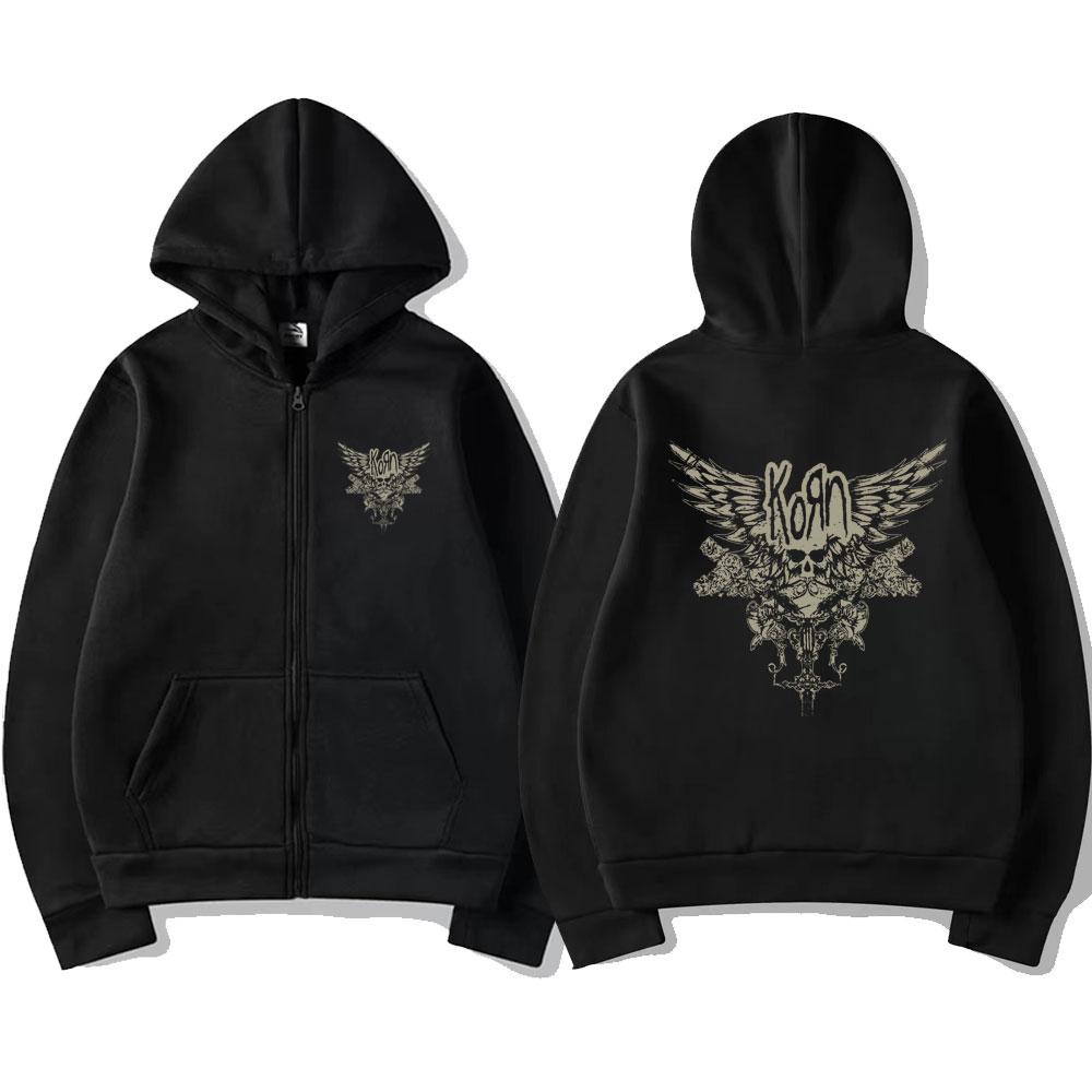 

Korn Skull Wings Girls Juniors Black Graphic Zipper Hoodie Men Vintage Oversize Zipper Jacket Men s Gothic Rock Band Sweatshirt L