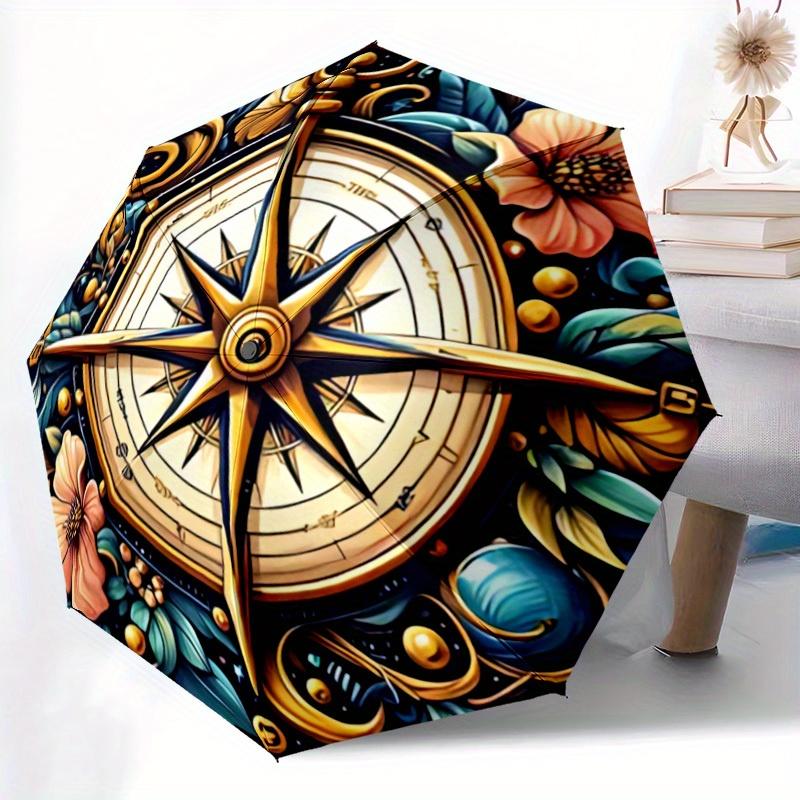 1pc Compass Floral Auto Open/close, All-Season Portable Folding Umbrella for Women & Men, Travel, Everyday, Formal Events - Compact Luxury Parasol, Ou