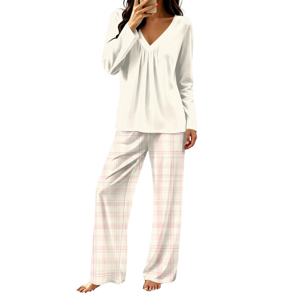 Women's Casual V-Neck Printed Pajama Set with Loose Fit Top and Pants for Sleep and