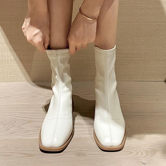 Chunky Med-High Heels Boots Women Zip Square Toe Chelsea Shoes Winter Solid Leather Botas Ankle Feminina Slim Botines Mujer