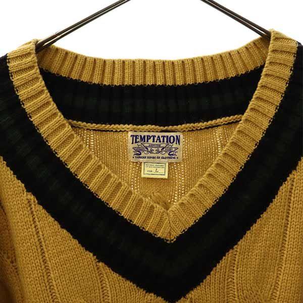TEMPTATION Cable Long sleeve V neck knit L Brown sweater Men's Used