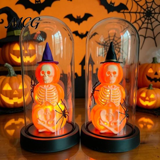 Unique Halloween Gift Decoration, Lighted Skeleton in Clear Dome Cloche with Warm Glow, Battery Year-round Decor Operated Skull Lamp Witch Hat