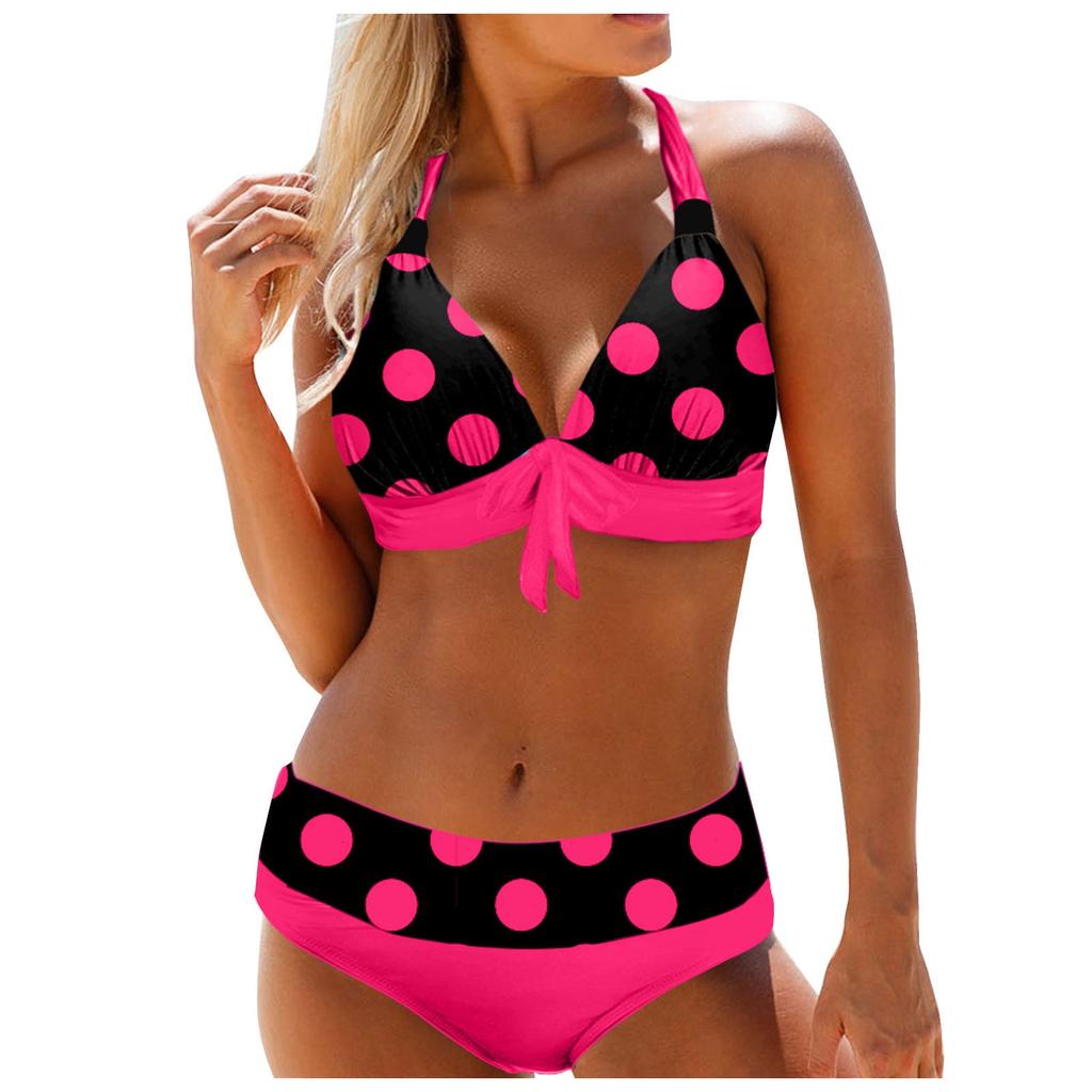 Women's High Waist Sexy Polka Dot Bikini Split With Chest Pads Without Bra Swimsuit