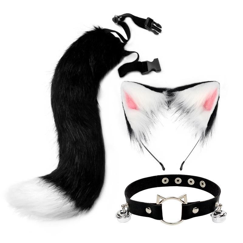 Fluffy for CAT Ears Hair Hoop Bell Leather Collar Animal Tail Set Cosplay Costum Drop Shipping