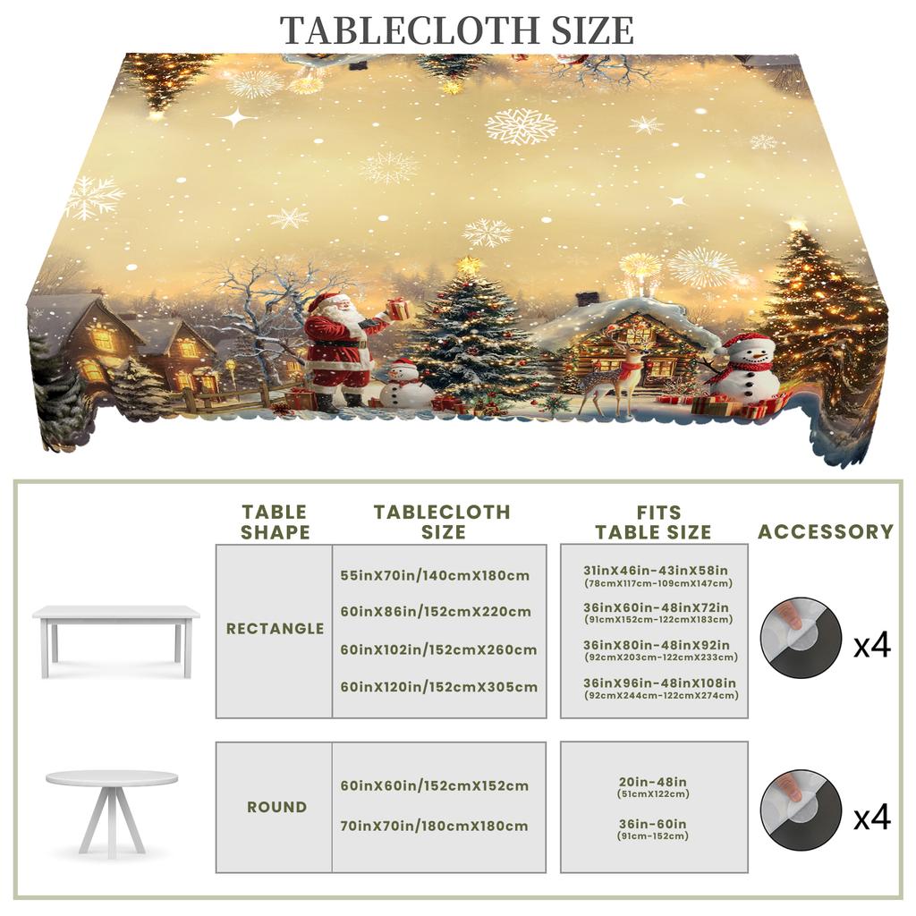 1 Stück weihnachtlich bedruckte Tischdecke mit Golddruck, Vintage-Stil, mit Designs von Weihnachtsmann, Schneemännern, Bauernhaus und Weihnachtsbaum, geeignet für