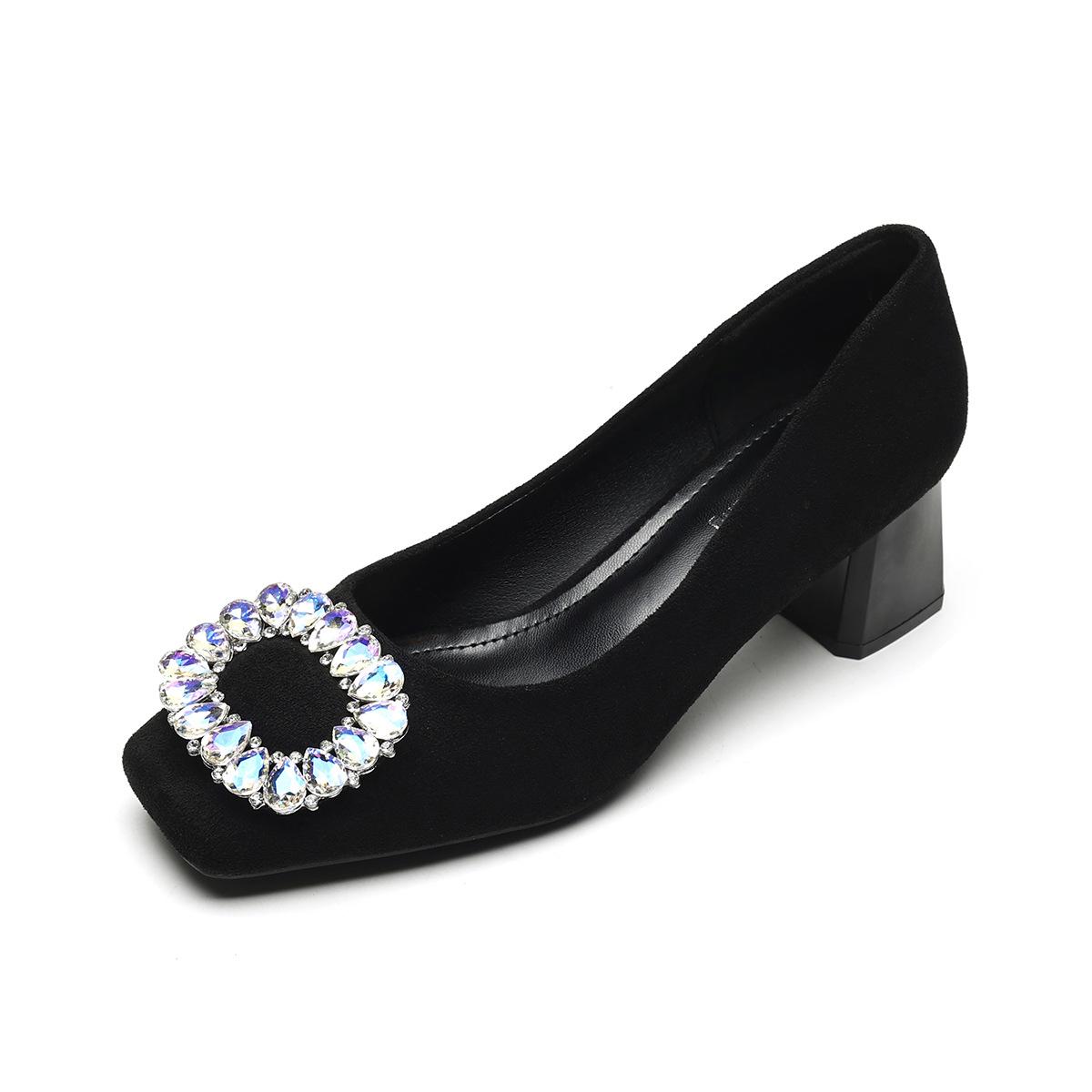 

Weiwei girl 9811-2 французские туфли на высоком каблуке женственные со стразами одна педаль черные легкие туфли на толстом каблуке женские 34