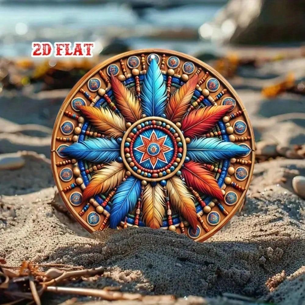 Bohemian Feather Mandala Round Aluminum Wall Sign 7.8 Inch Colorful Beads Tribal Art Decor Boho Style Home Ornament