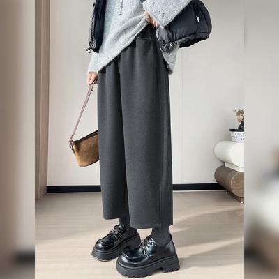 Women's High-Waisted Woolen Wide-Leg Pants, Plus Velvet Thick, Petite, Autumn Winter Casual Style