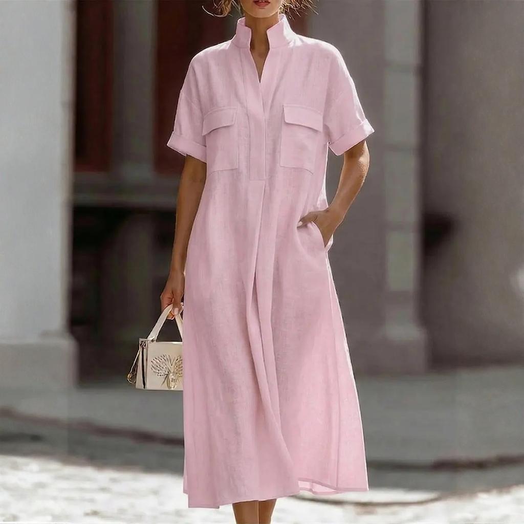 Women's Casual Short-Sleeved Multi-Colored Pocket Loose Casual Dress