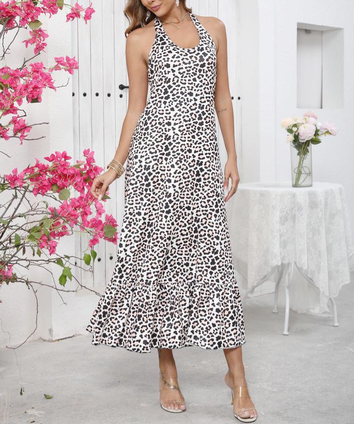 Real shot, new Internet celebrity leopard print V-neck neck halter sexy suspender dress S цветной печати леопарда