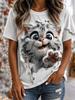 Women's Summer Round-Neck Casual T-Shirt: Artistic Short-Sleeve T-Shirt with Abstract Line Dog Print Minimalist Streetwear Top