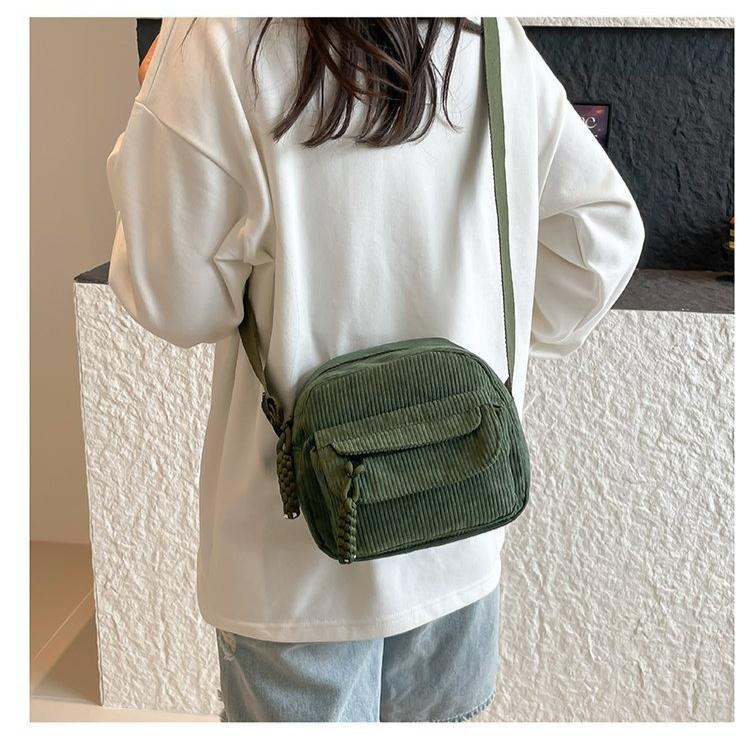 Women Corduroy Crossbody Bag Vintage Shoulder Bag Casual Mini Messenger Bag Lightweight Travel Handbag with Front Pocket Adjustable Strap