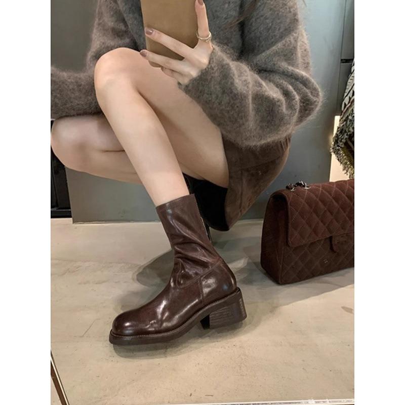 Washed horsehide~ thick-soled short boots women's autumn leather retro single ankle boots small Martin boots thick heel thin boots