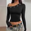 Asymmetrical Hollow Shoulder Top Women's Long-sleeved Temperament Solid Color Slim Pullover Short T-shirt