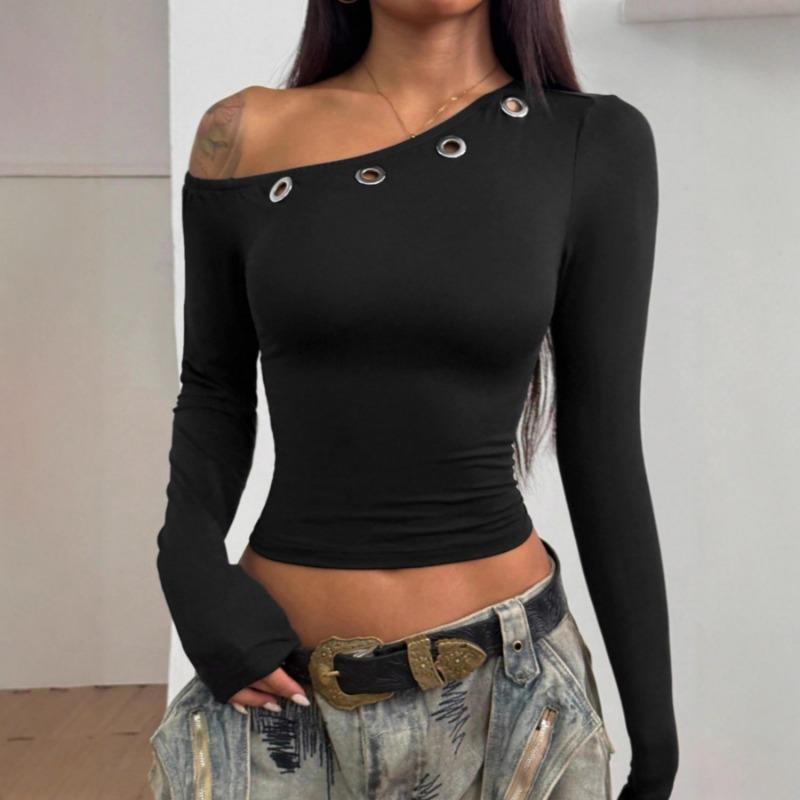 Top Asimmetrico con Spalle Scoperte da Donna a Maniche Lunghe Temperamentale Tinta Unita Slim Pullover T-shirt Corta