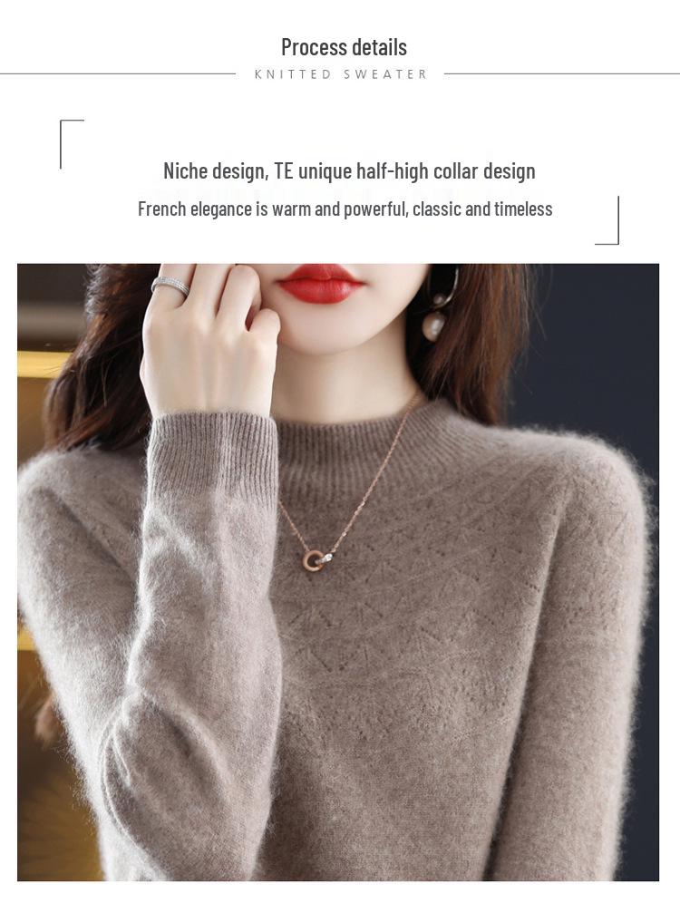 Women's Slimming 100% Wool Half-High Neck Sweater, Seamless Cashmere Knit Base Layer, Autumn Winter Loose Top with Hollow-Out Design