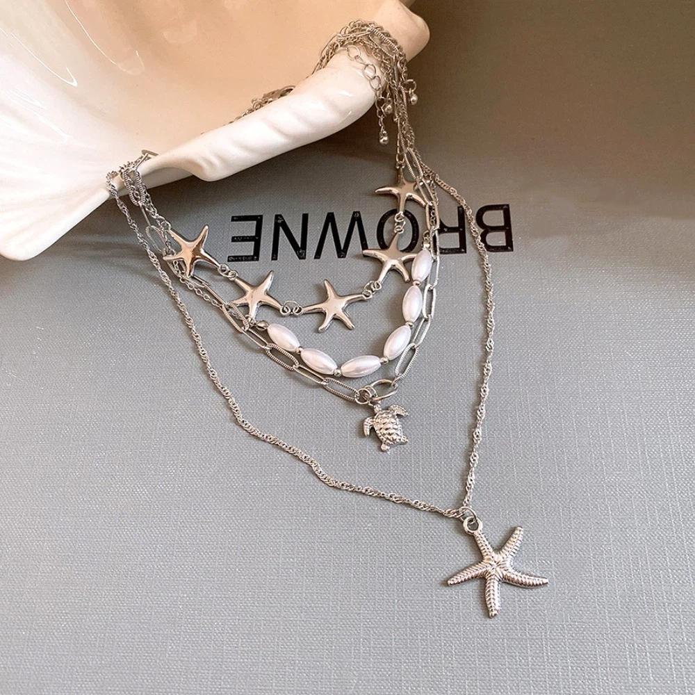4Pcs Zinc Zinc Alloy Pearl Shell Starfish Necklace Set Multi-Layer Starfish Beach Pendant Daily