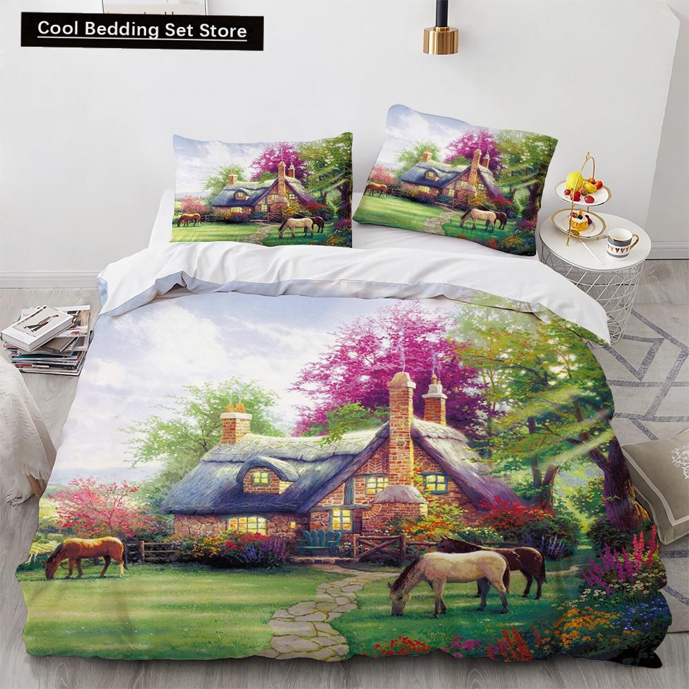 Oil Painting King Queen Duvet Cover Vintage Building Landscape Bedding Set for Adults Retro Art 2/3pcs polyester Quilt Cover