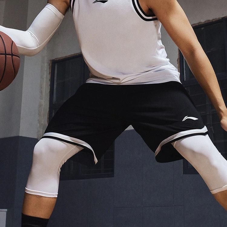 Li Ning Sports Basketball Series CBA Logo Print Breathable Elastic Mid-Waist Straight Basketball Pants Men Bottoms Black White AAPT599-4