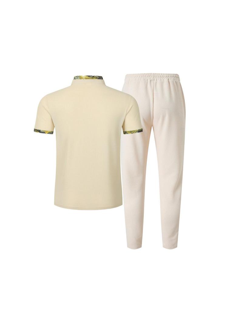 Men's Waffle Knit Stand Collar Zip Color Block Sports Set - Short Sleeves & Long Pants (2026)