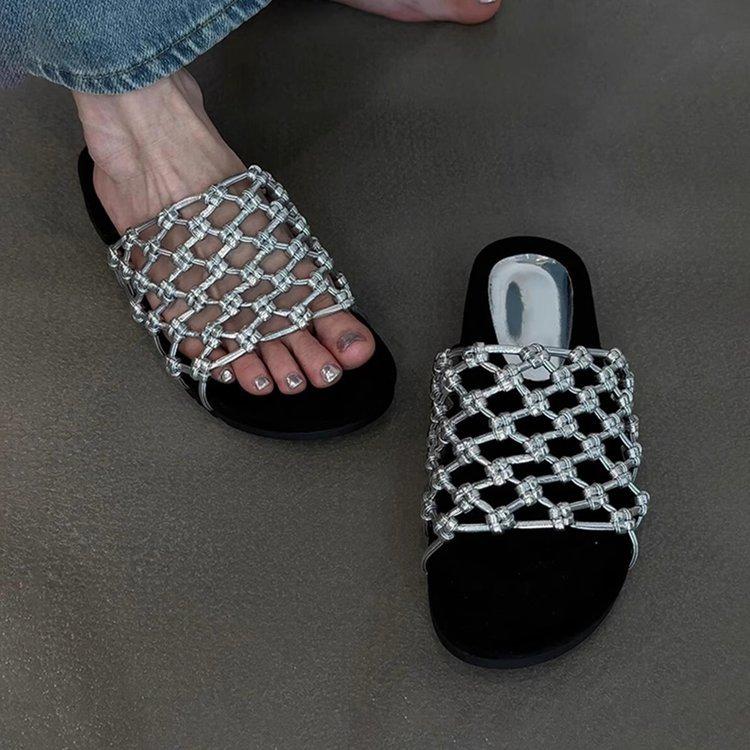 Sheepskin Version~ Hand-woven Fishing Net Hollow Thick-soled Beach Shoes, Women's Soft Leather Versatile Casual Round Head Dew, Hasou