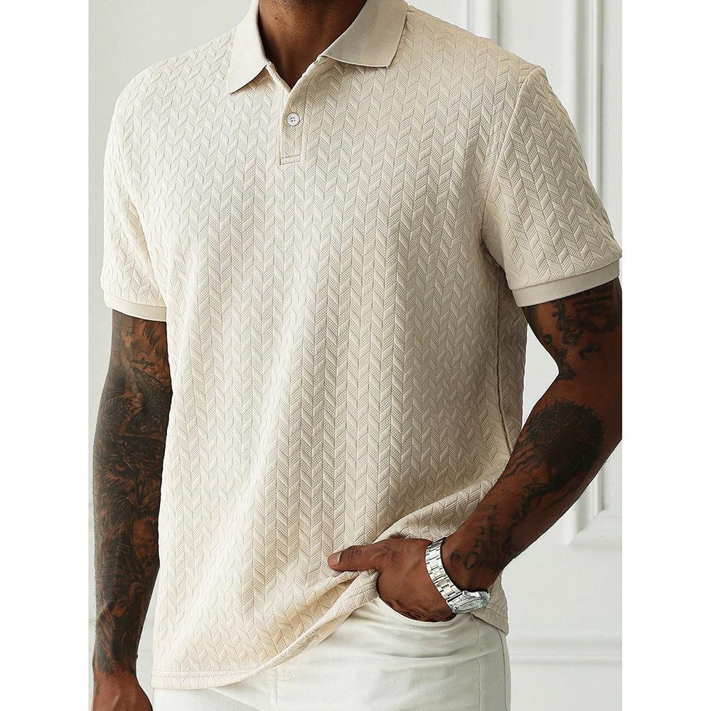 Spring Summer Mens Jacquard Polo Shirt Short Sleeve Heavyweight Casual T-shirt Turn-down Collar Button Up