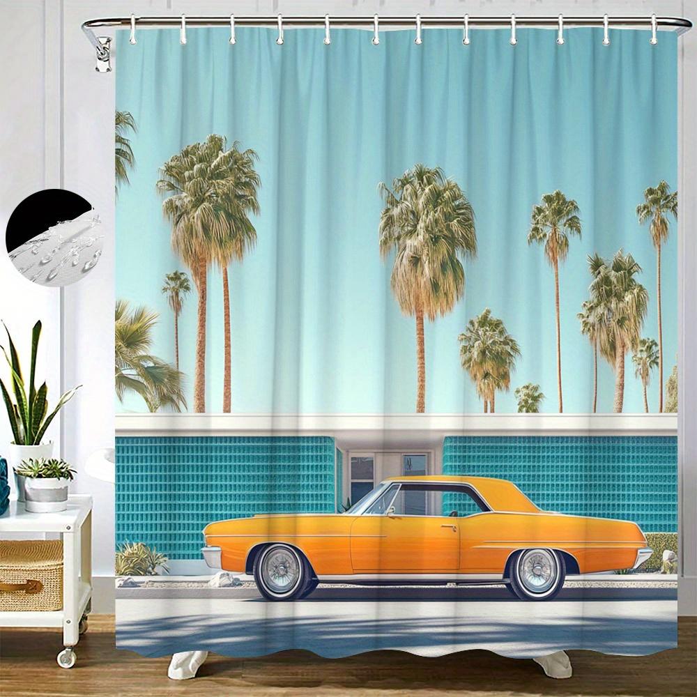 

1Pc Retro Car & Mid-Century Modern Shower Curtain - Vibrant Orange Convertible With Palm Trees & Blue Sky Design, Polyester Fabr W60H190(CM)-1 Pcs