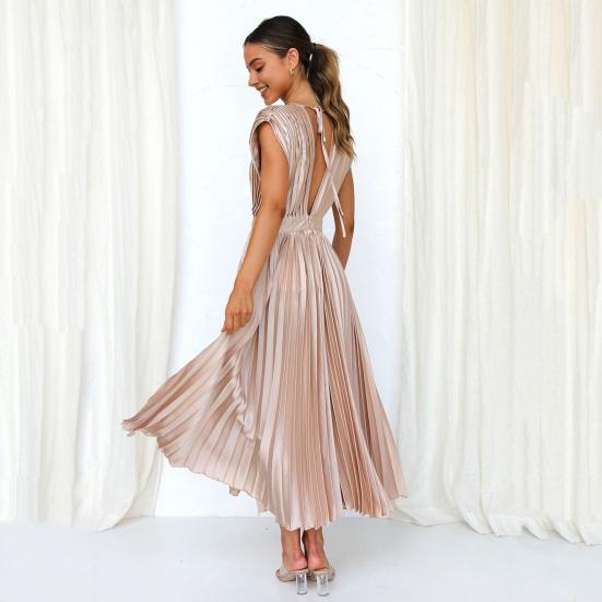 Vestido de mujer con cuello en V, sin mangas, transpirable, plisado, suelto, con cierre de cremallera, vestido casual, elegante para la oficina