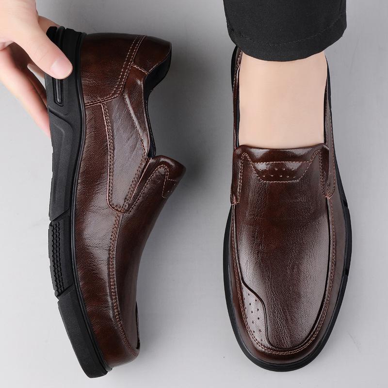 Men's Genuine Leather Cowhide Slip-On Business Casual Shoes - Non-Slip, Breathable, Soft Sole for Middle-Aged and Elderly.