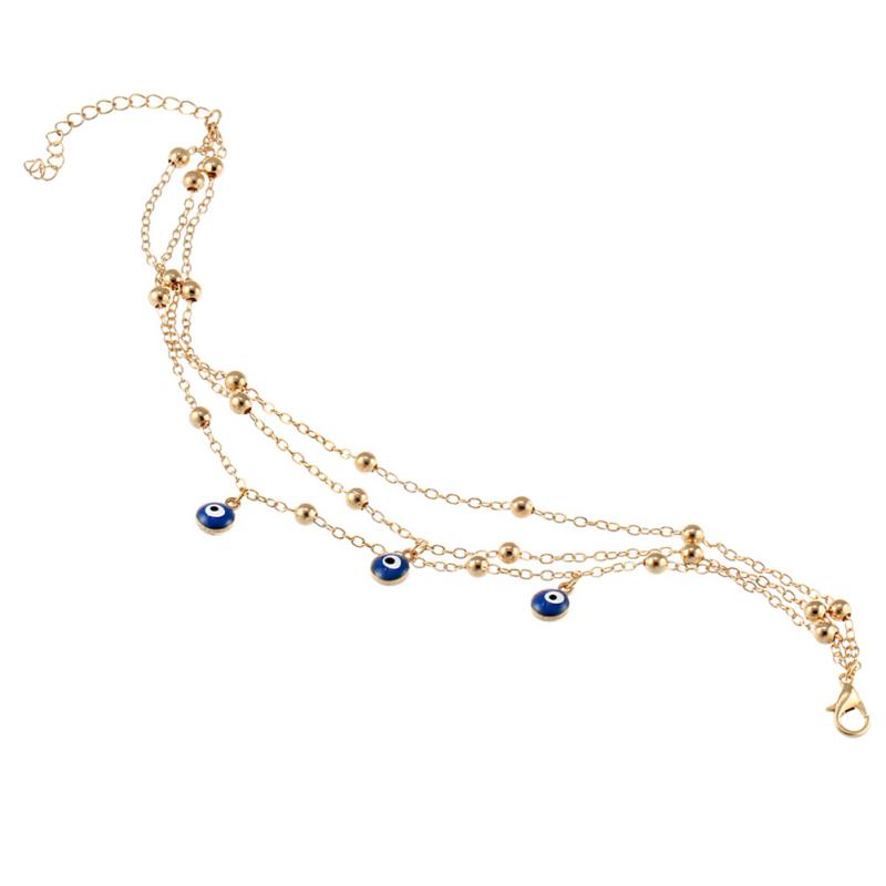 Women Multi-layered Beaded Anklet Blue Eye Pendant Jewelry